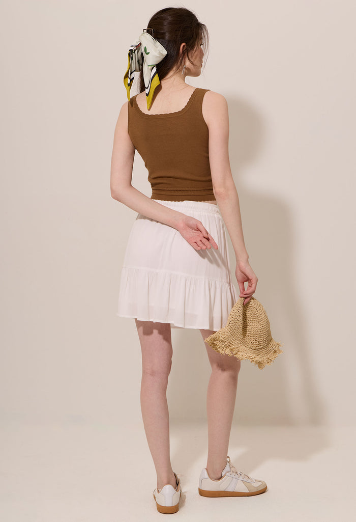 Scalopped Trim Scoop Neckline Knit Top