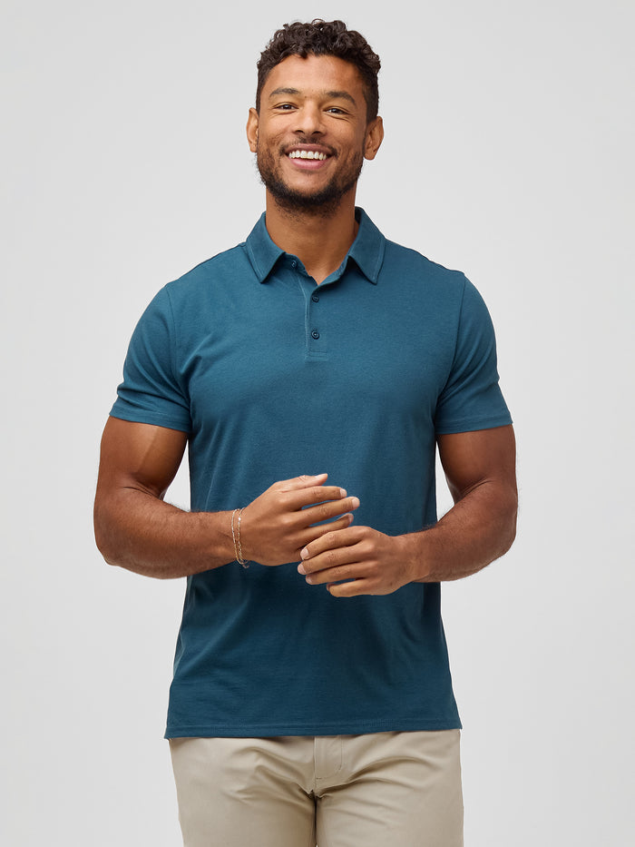 Nico is 6'4" and wears size Large Tall # Polos for Tall Men | Premium Men's Polo Shirts - L/E Color: Sea Blue