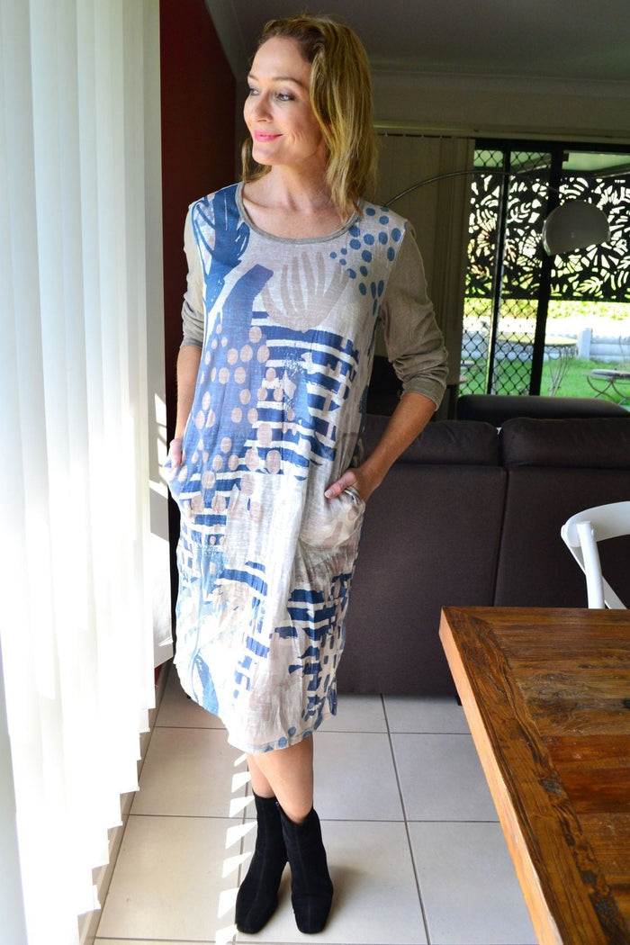 Sea Side Crinkle Tunic Dress by Cafe Latte, lightweight, flowy tunic with crinkle fabric, shown in a relaxed fit.