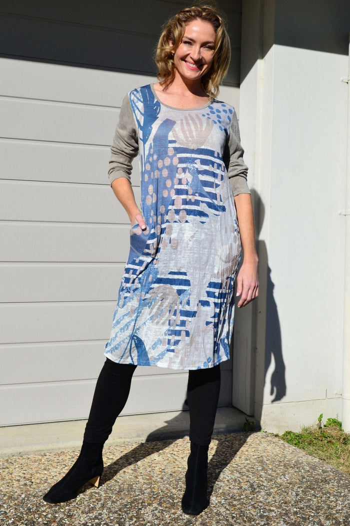 Sea Side Crinkle Tunic Dress by Cafe Latte, lightweight and flowy tunic with crinkle fabric, shown on a model.