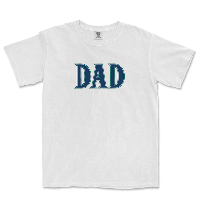 White t-shirt featuring bold blue text that reads "DAD," perfect for Seattle baseball fans.
