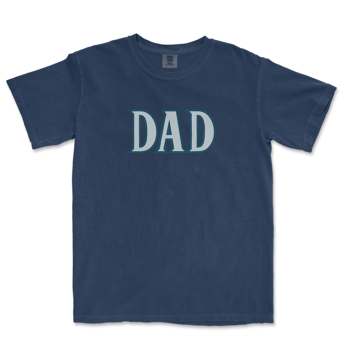 Navy blue t-shirt featuring the word "DAD" in a bold, stylized font, perfect for Seattle baseball fans.