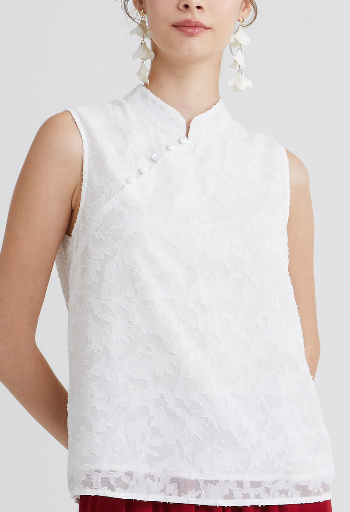 Sheer Leaf Layered Mandarin Sleeveless Top