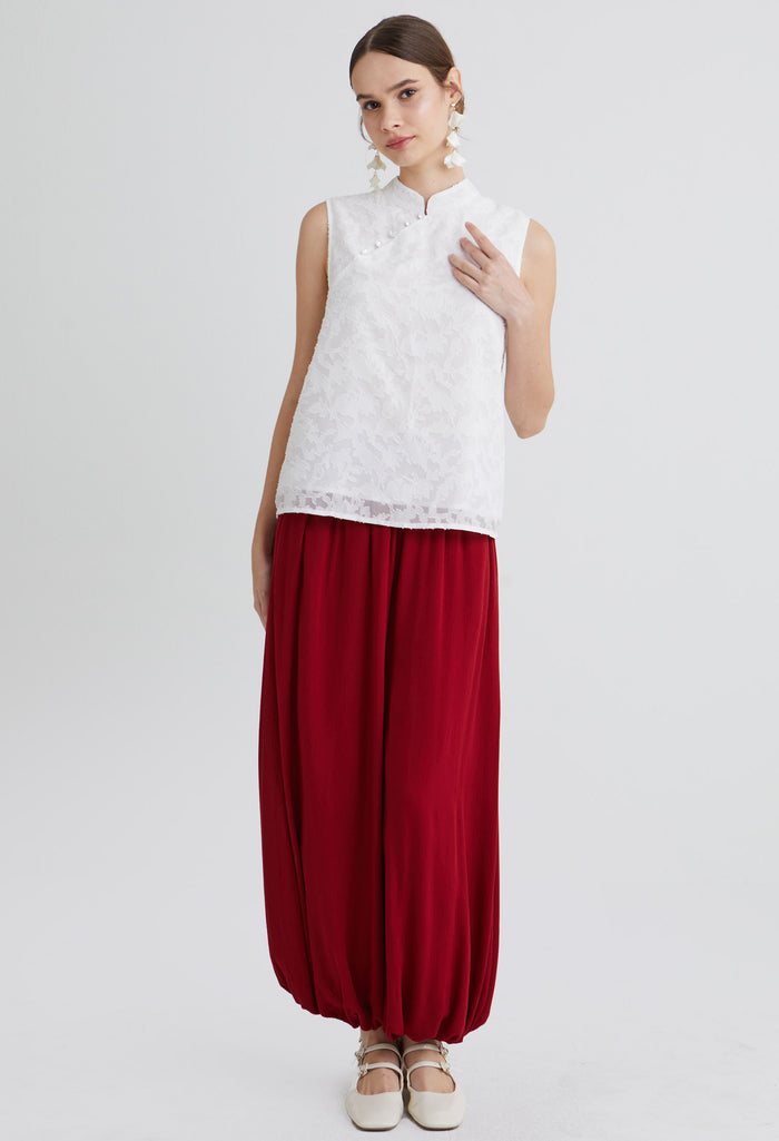 Sheer Leaf Layered Mandarin Sleeveless Top