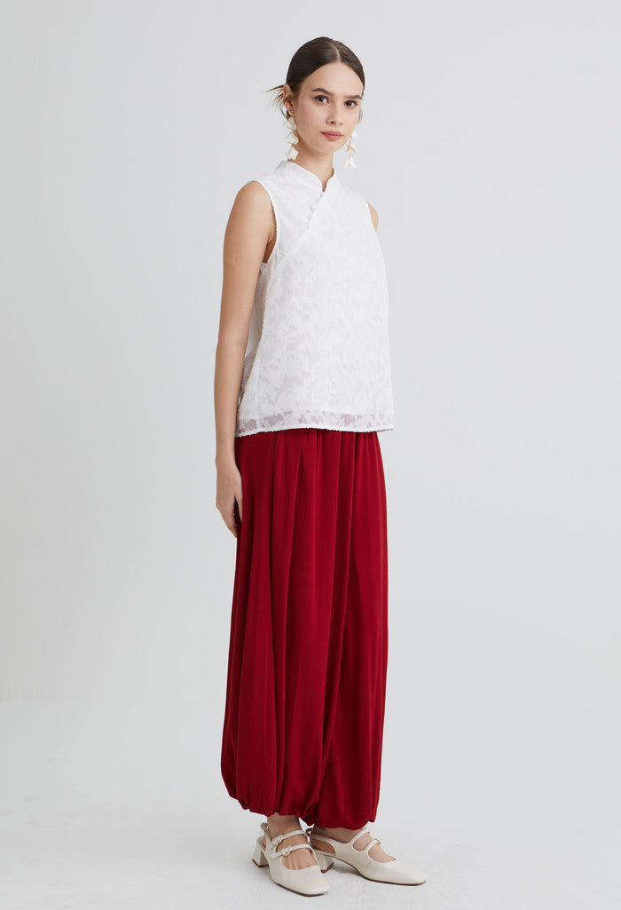 Sheer Leaf Layered Mandarin Sleeveless Top