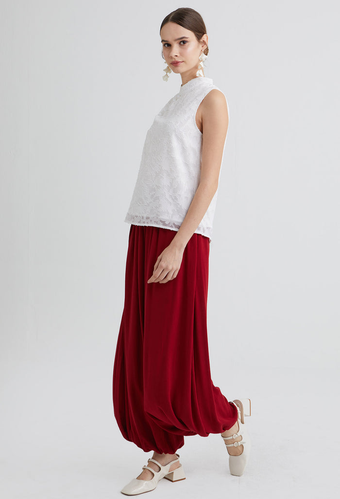 Sheer Leaf Layered Mandarin Sleeveless Top