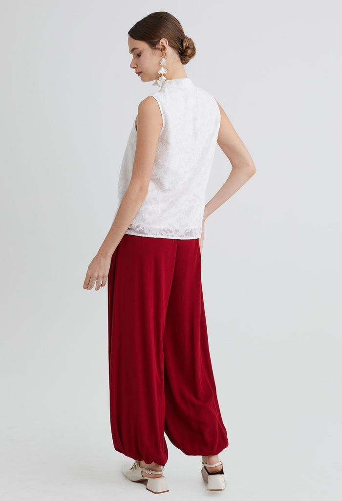 Sheer Leaf Layered Mandarin Sleeveless Top