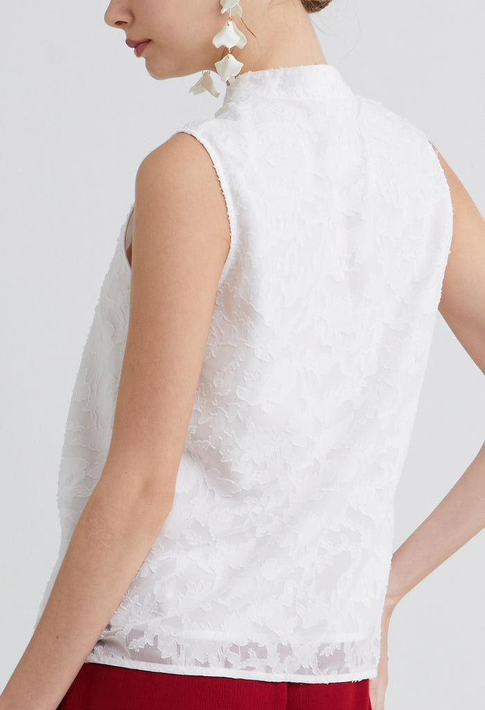 Sheer Leaf Layered Mandarin Sleeveless Top