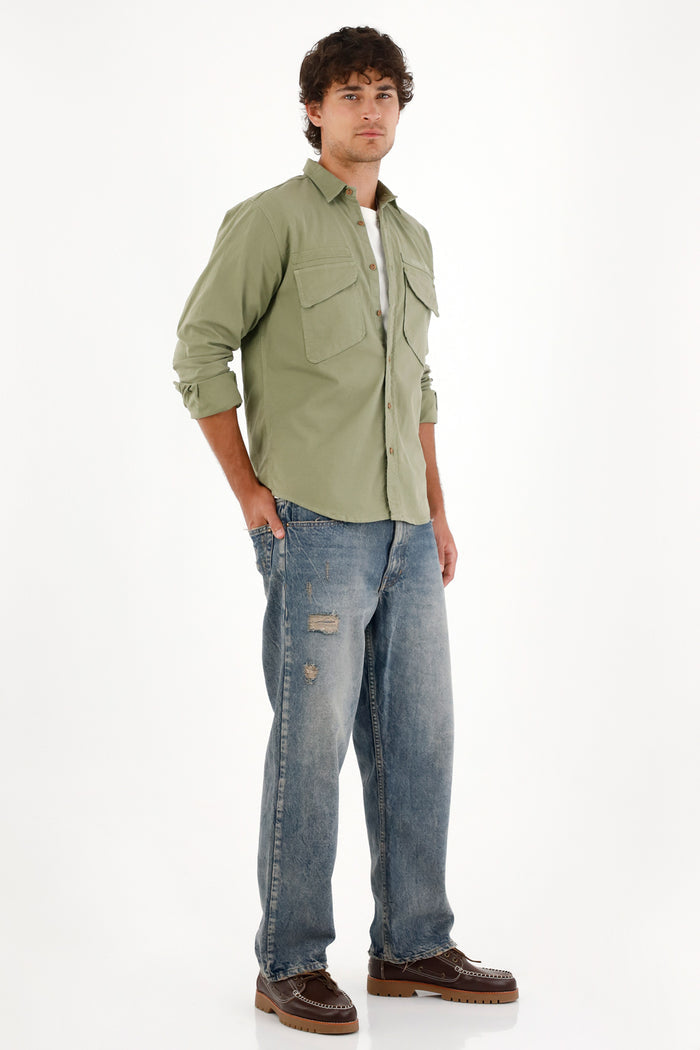 Shirt with flap pockets and overdye for men