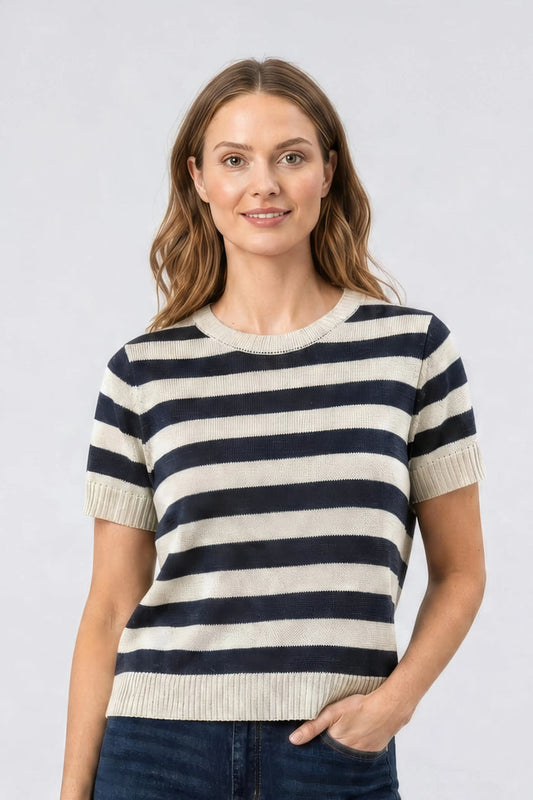 Short Sleeved Striped Top - Blue Stripe