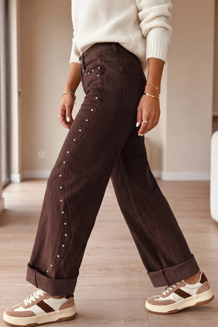 Side Seam Rivet Detail Ankle Length Casual Jeans – Coffee