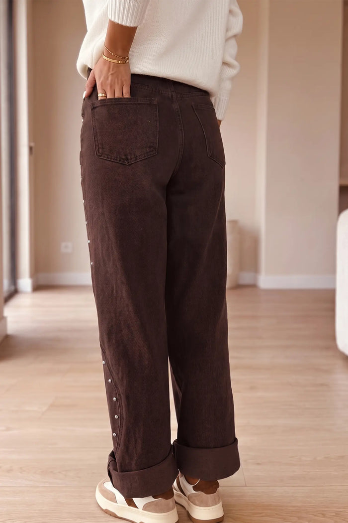 Side Seam Rivet Detail Ankle Length Casual Jeans – Coffee