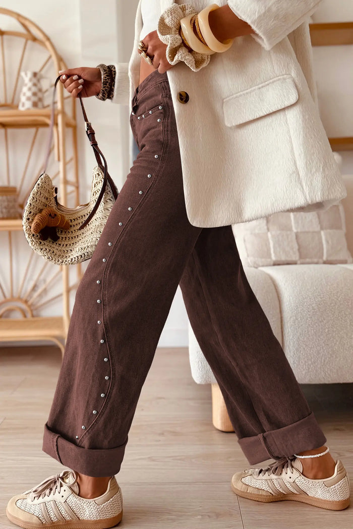 Side Seam Rivet Detail Ankle Length Casual Jeans – Coffee