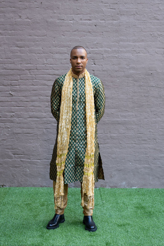 Silk Brocade Dark Green All Button Down Men's Kurta