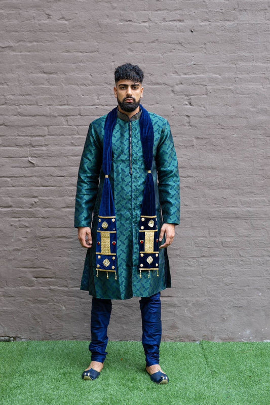 Silk Brocade Forest Green All Button Down Men's Kurta