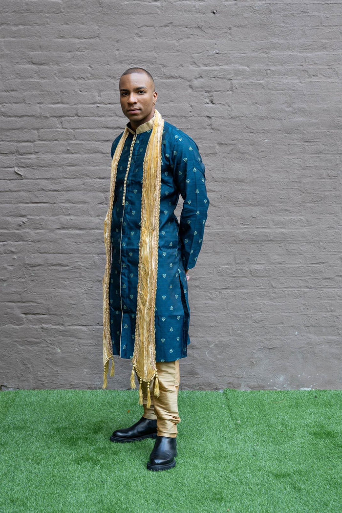 Silk Brocade Prussian Blue All Button Down Men's Kurta