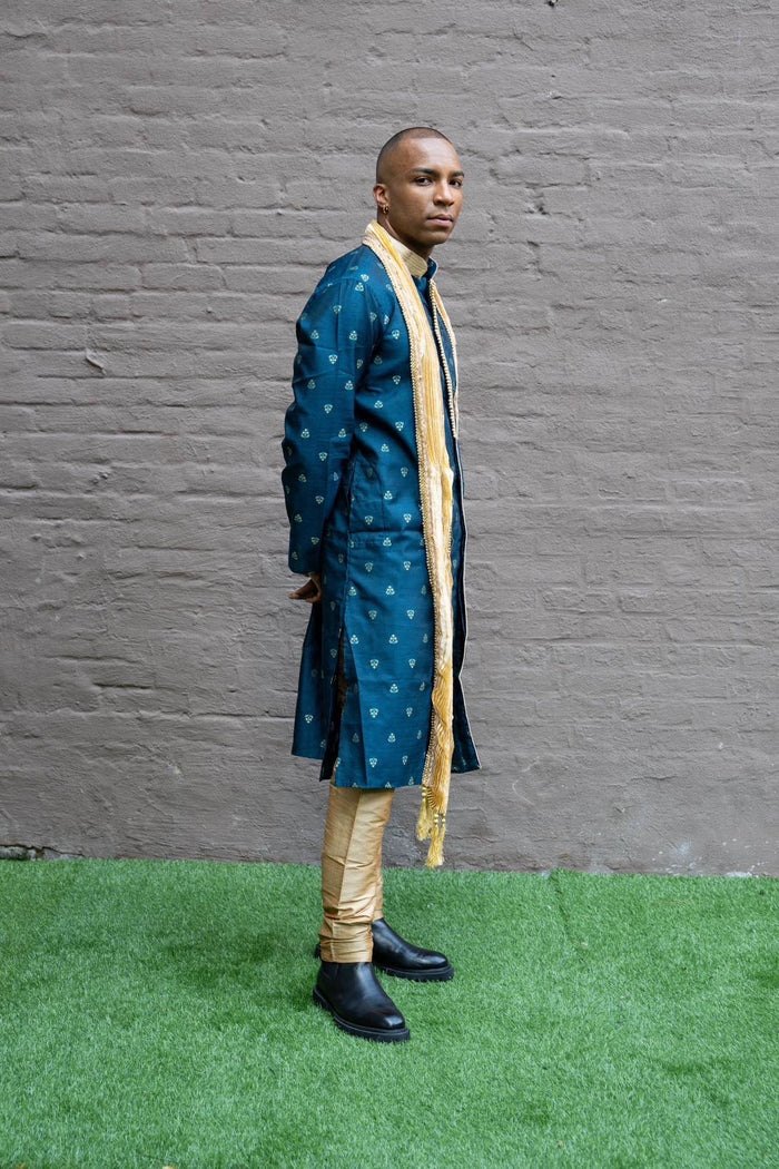Silk Brocade Prussian Blue All Button Down Men's Kurta