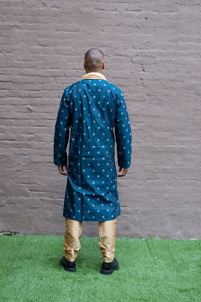 Silk Brocade Prussian Blue All Button Down Men's Kurta