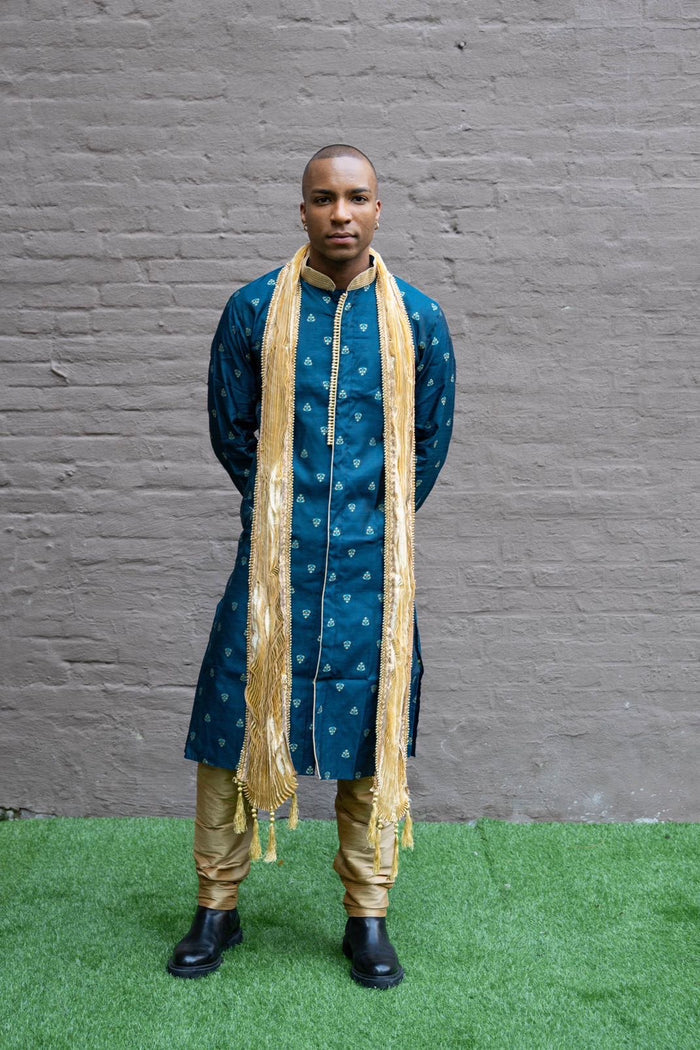 Silk Brocade Prussian Blue All Button Down Men's Kurta