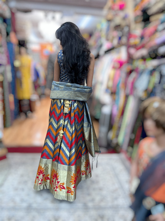 Silk Jet Grey Chevron Pattern Lehenga Set