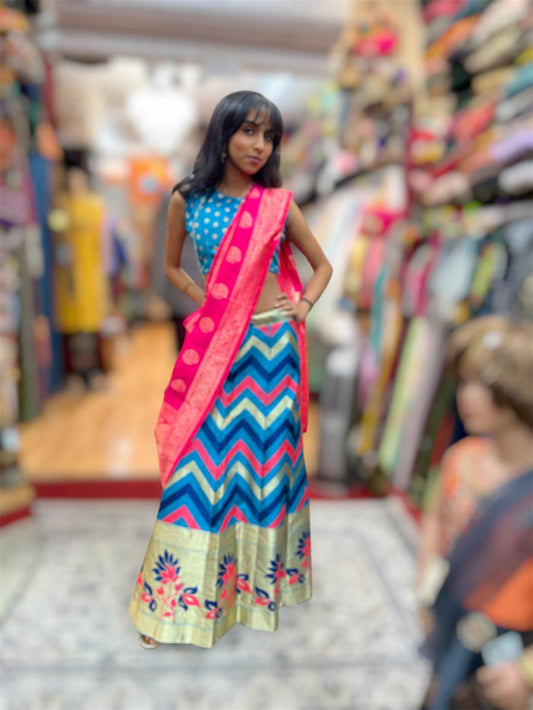 Silk Turquoise Blue With Contrast Hot Pink Scarf Chevron Pattern Lehenga Set