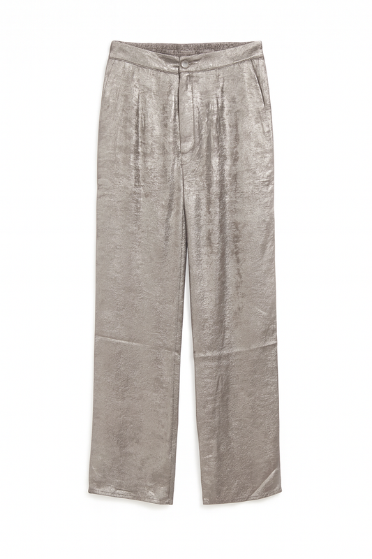 Silver metallic wide leg statement pants with a shimmery finish and structured waistband.
