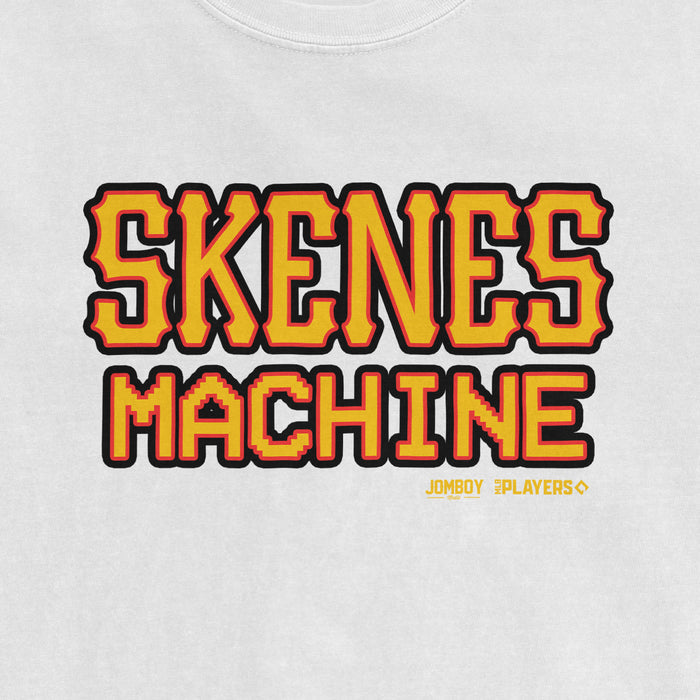White T-shirt featuring bold, pixelated yellow and red text that reads "SKENES MACHINE" with small logos for JOMBOY and PLAYERS below.