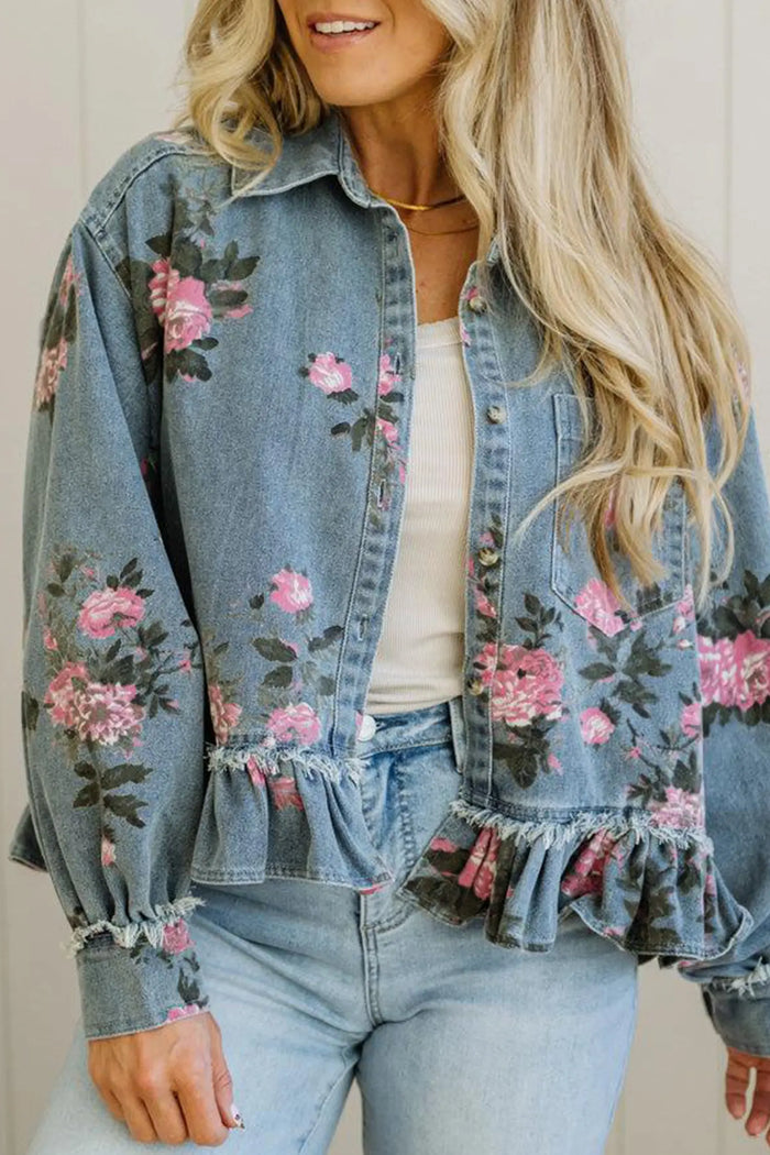Sky Blue Floral Print Raw Seam Ruffle Hem Denim Jacket – Light Blue