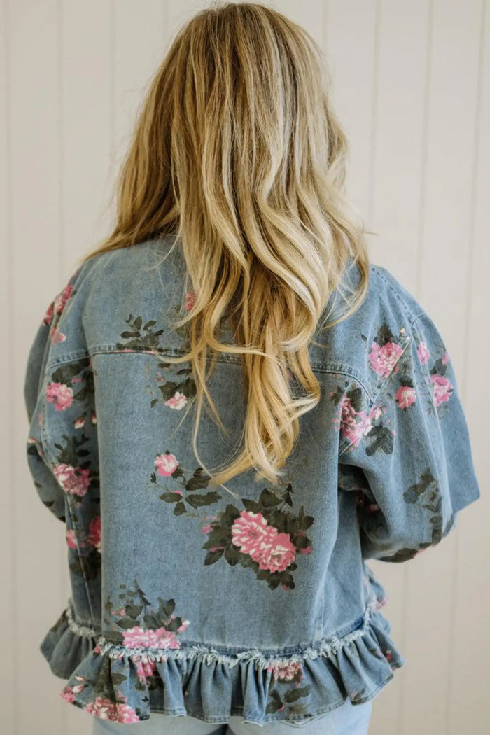 Sky Blue Floral Print Raw Seam Ruffle Hem Denim Jacket – Light Blue
