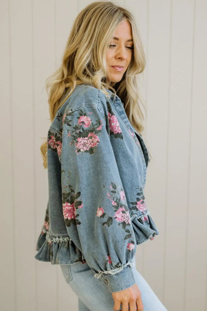 Sky Blue Floral Print Raw Seam Ruffle Hem Denim Jacket – Light Blue