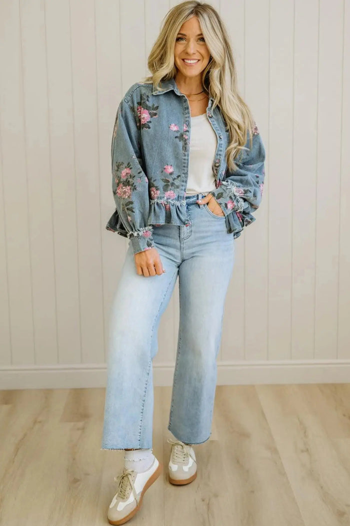 Sky Blue Floral Print Raw Seam Ruffle Hem Denim Jacket – Light Blue