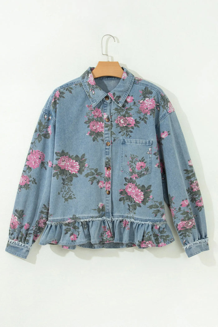 Sky Blue Floral Print Raw Seam Ruffle Hem Denim Jacket – Light Blue