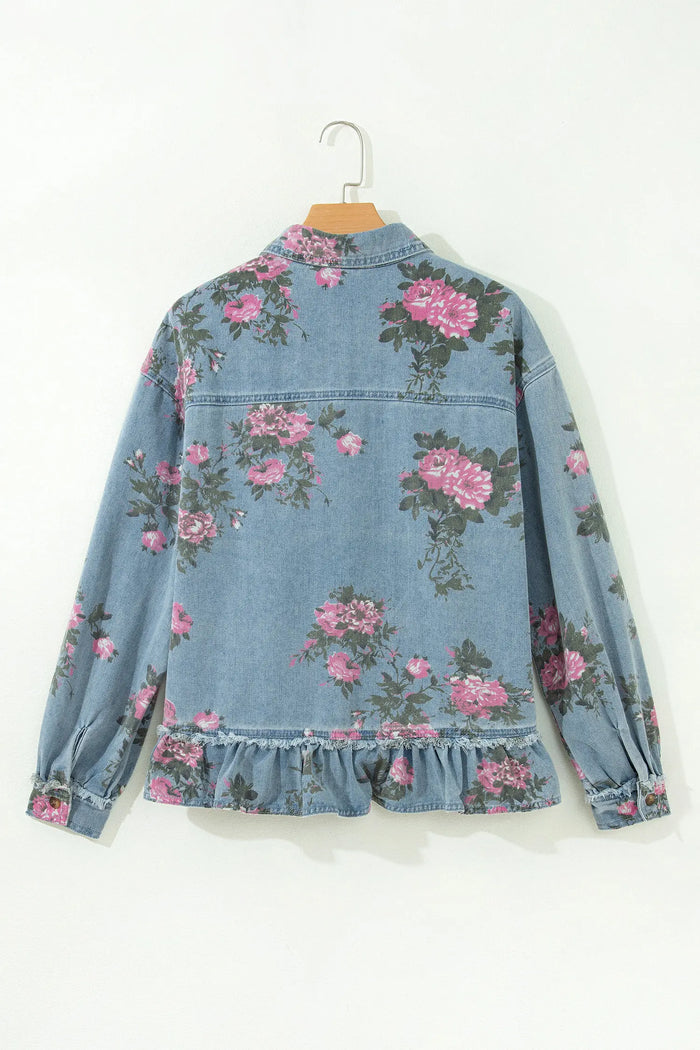 Sky Blue Floral Print Raw Seam Ruffle Hem Denim Jacket – Light Blue