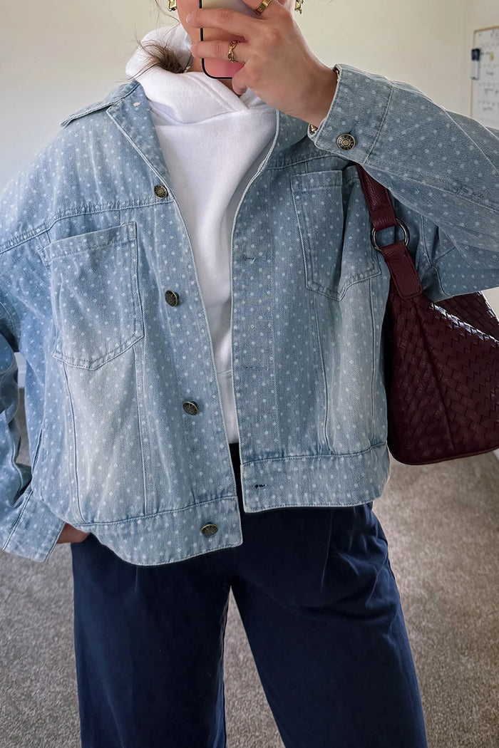 Sky Blue Polka Dot Long Sleeve Collar Pocket Casual Shift Silhouette Denim Jacket – Light Blue