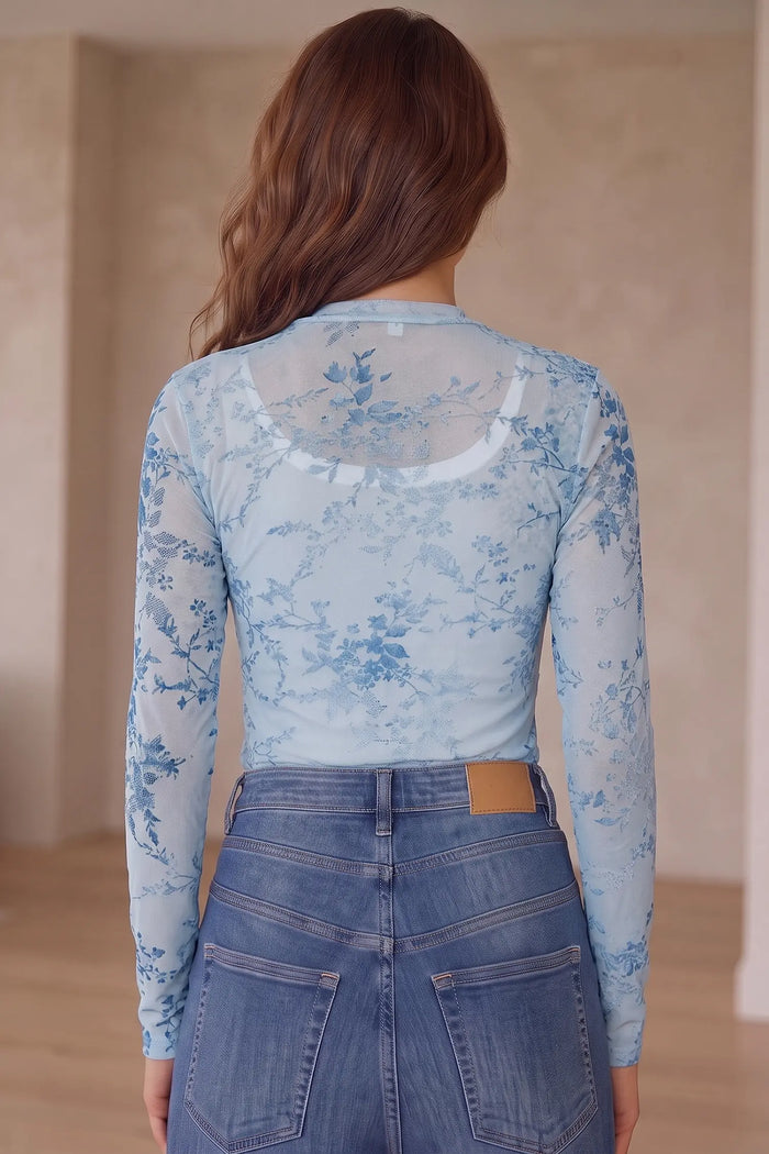 Sky Blue Sheer Mesh Floral Printed Mock Neck Long Sleeve Bodysuit – Light Blue