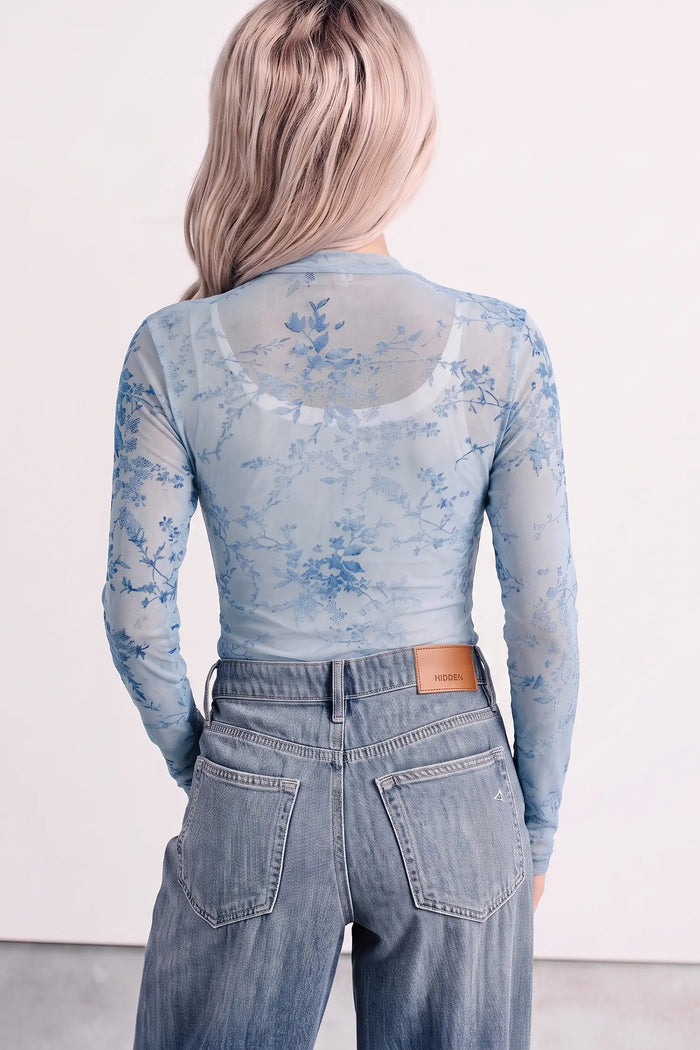 Sky Blue Sheer Mesh Floral Printed Mock Neck Long Sleeve Bodysuit – Light Blue