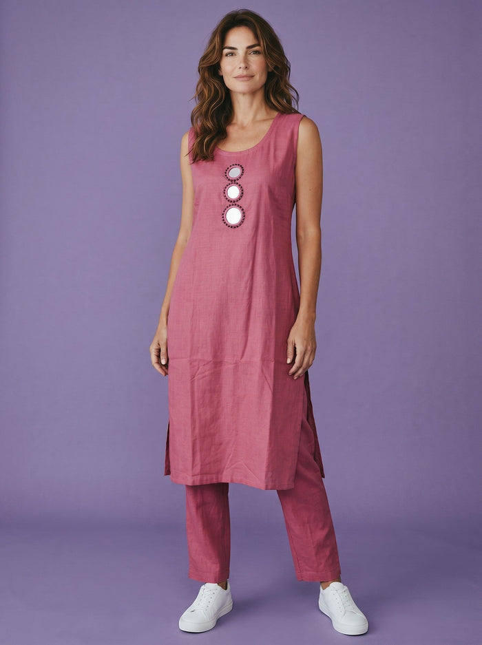 Kurti Connection USA rose textured sleeveless kurti with round neck and mirror embellishments, paired with matching pants.