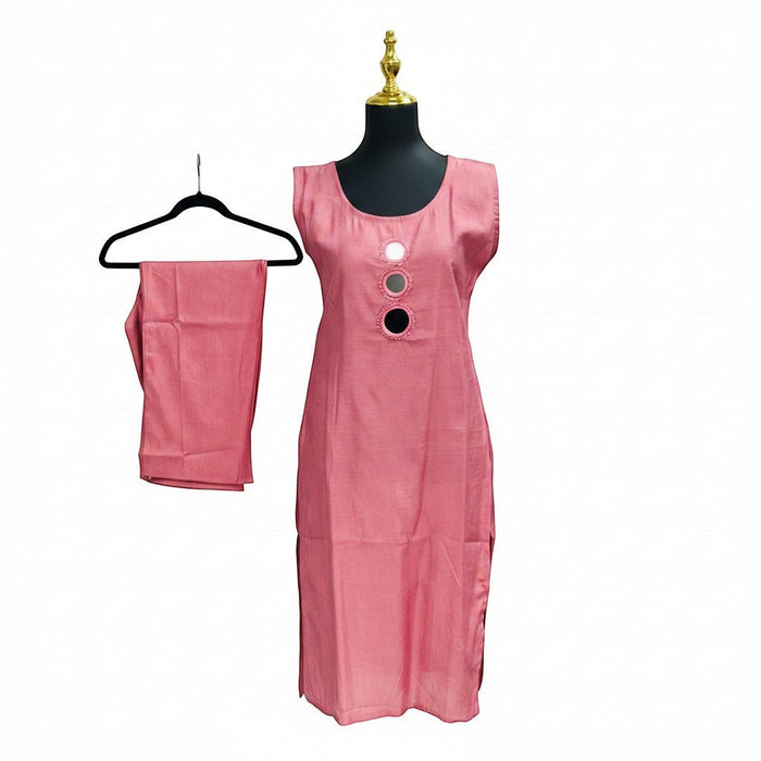 Kurti Connection USA rose textured sleeveless kurti with round neck and mirror embellishments, paired with straight-leg pants.