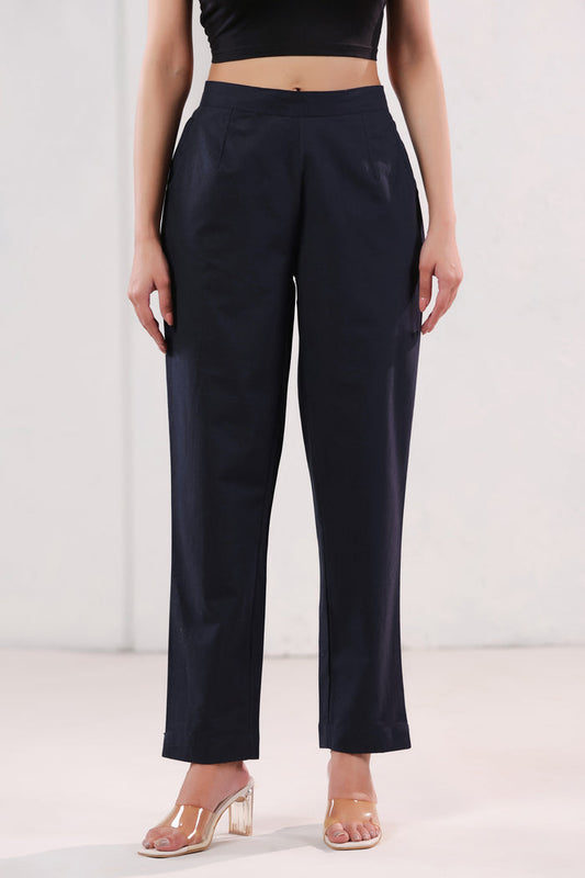 Smart Fit Navy Blue Straight Fit Formal Cotton Pants