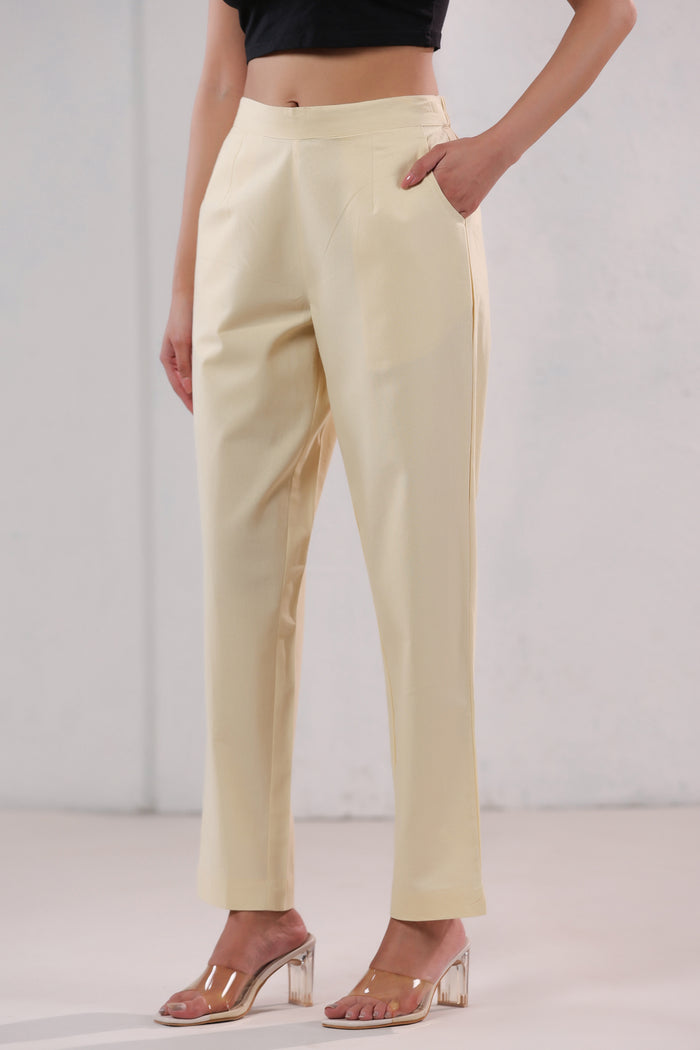 Solid Beige Straight Fit Cotton Pants