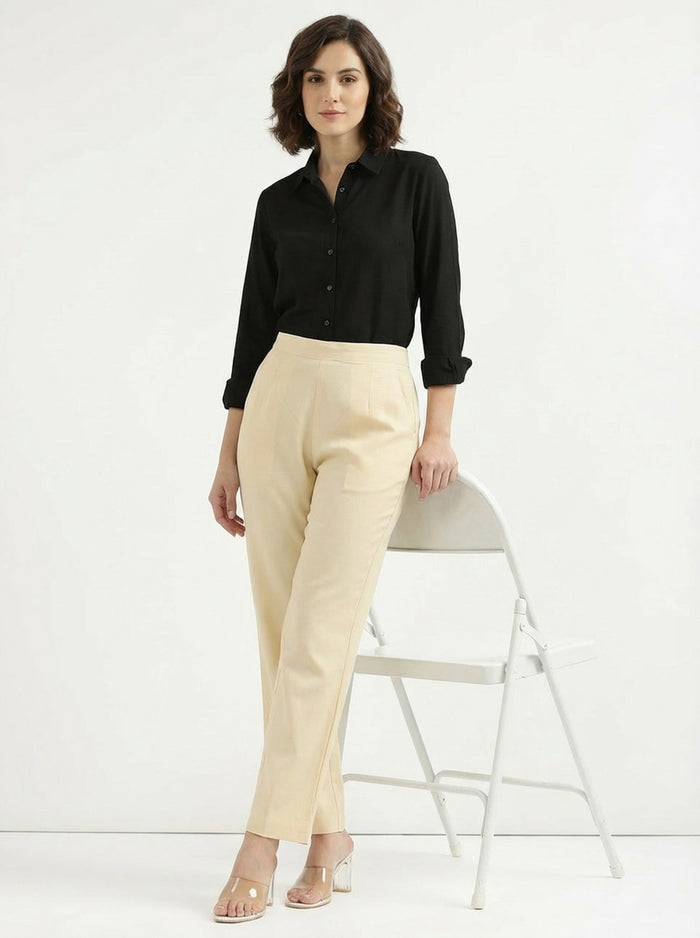 Solid Beige Straight Fit Cotton Pants