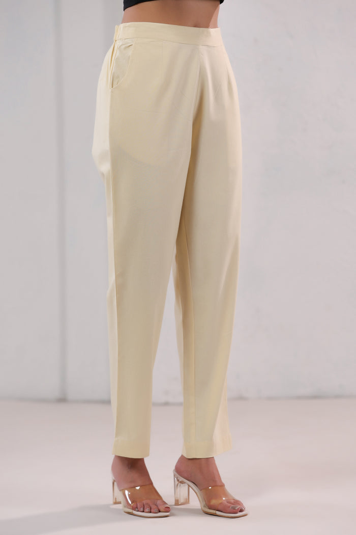 Solid Beige Straight Fit Cotton Pants