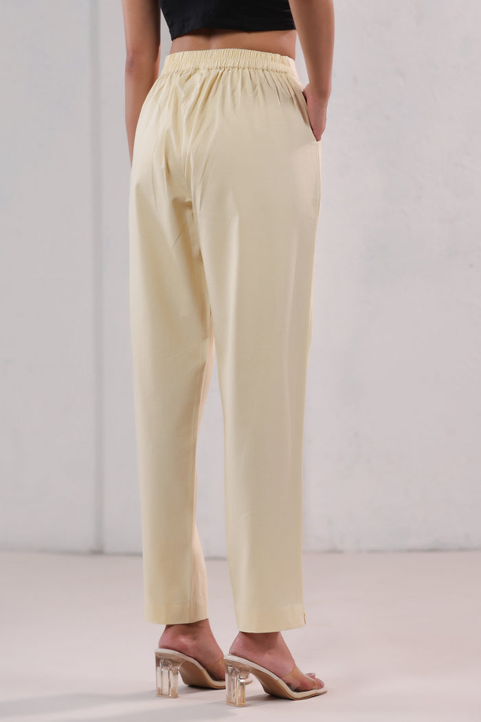 Solid Beige Straight Fit Cotton Pants
