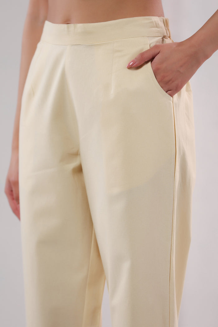 Solid Beige Straight Fit Cotton Pants