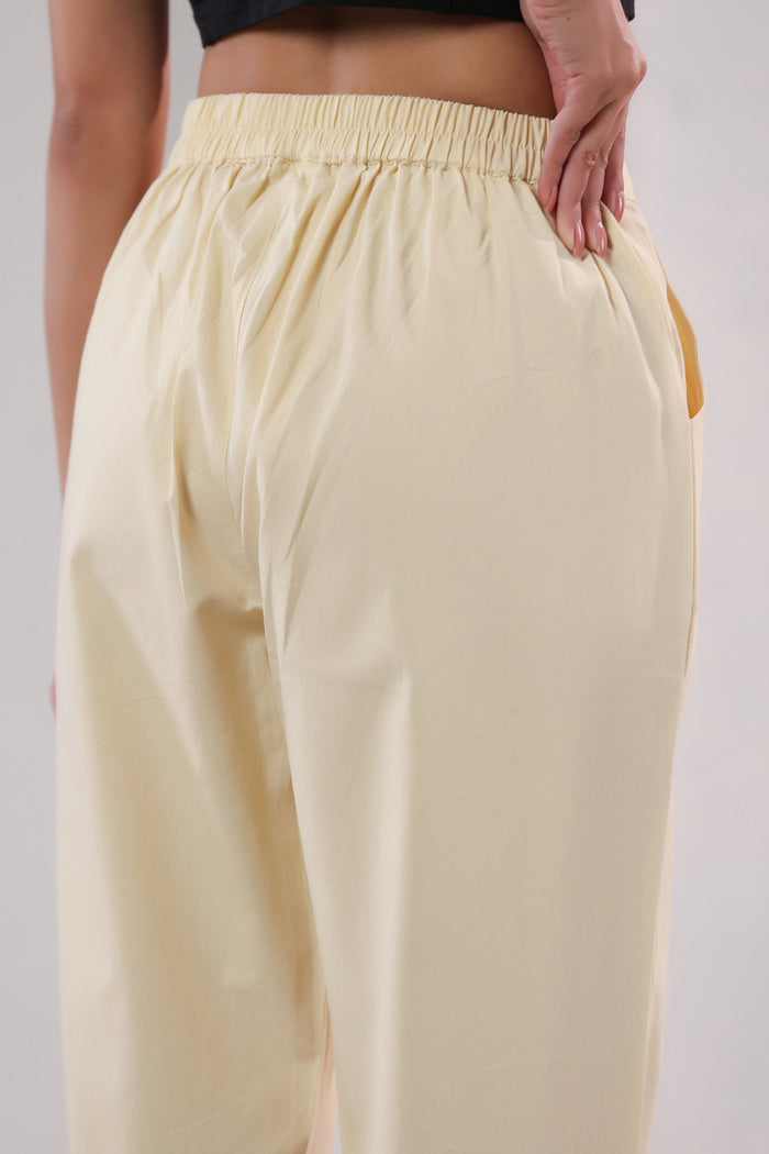 Solid Beige Straight Fit Cotton Pants