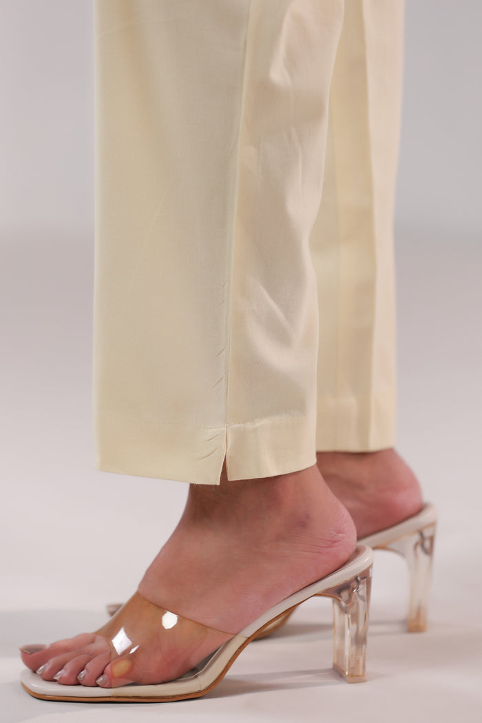 Solid Beige Straight Fit Cotton Pants