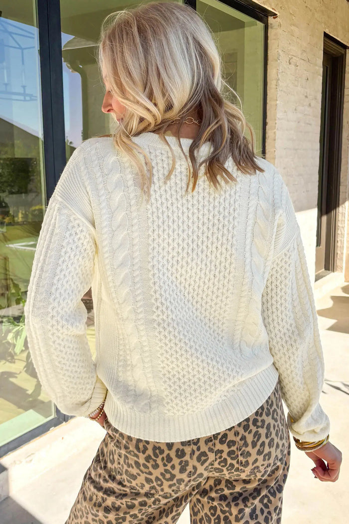 Solid Color Cable Detail Knit Loose Round Neck Sweater – Beige