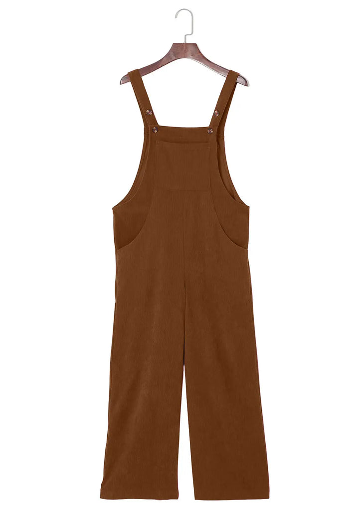 Solid Color Ribbed Wide Leg Bib Overalls – Brown