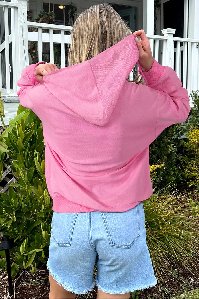 Solid Color Ribbed Zip Up Drawstring Hooded Jacket – Sachet Pink