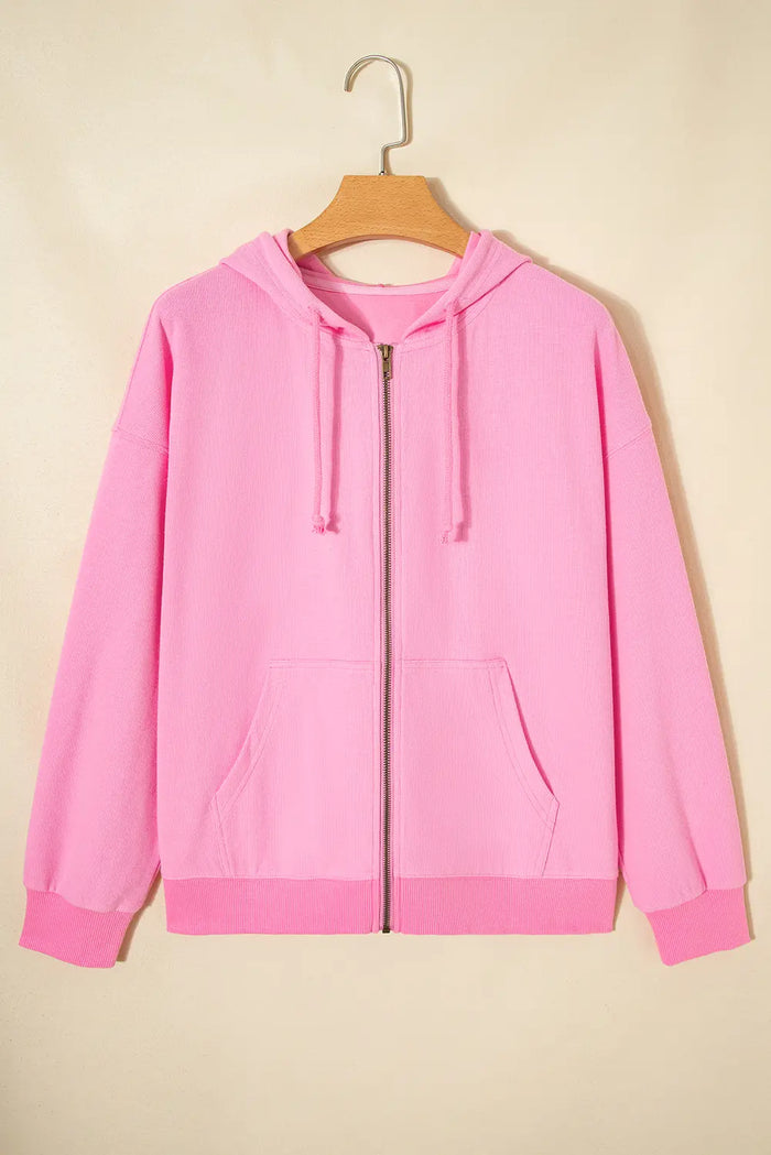 Solid Color Ribbed Zip Up Drawstring Hooded Jacket – Sachet Pink